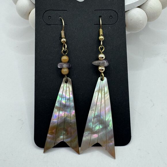 Vtg Geometric Carved abalone Long Dangle Earrings Amethyst Chip Gold Tone Beachy - Picture 9 of 10